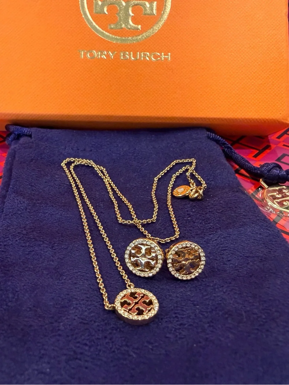 TORY BURCH *NWT* Miller Pave Pendant Necklace and Stud Earring Set in Gift Box